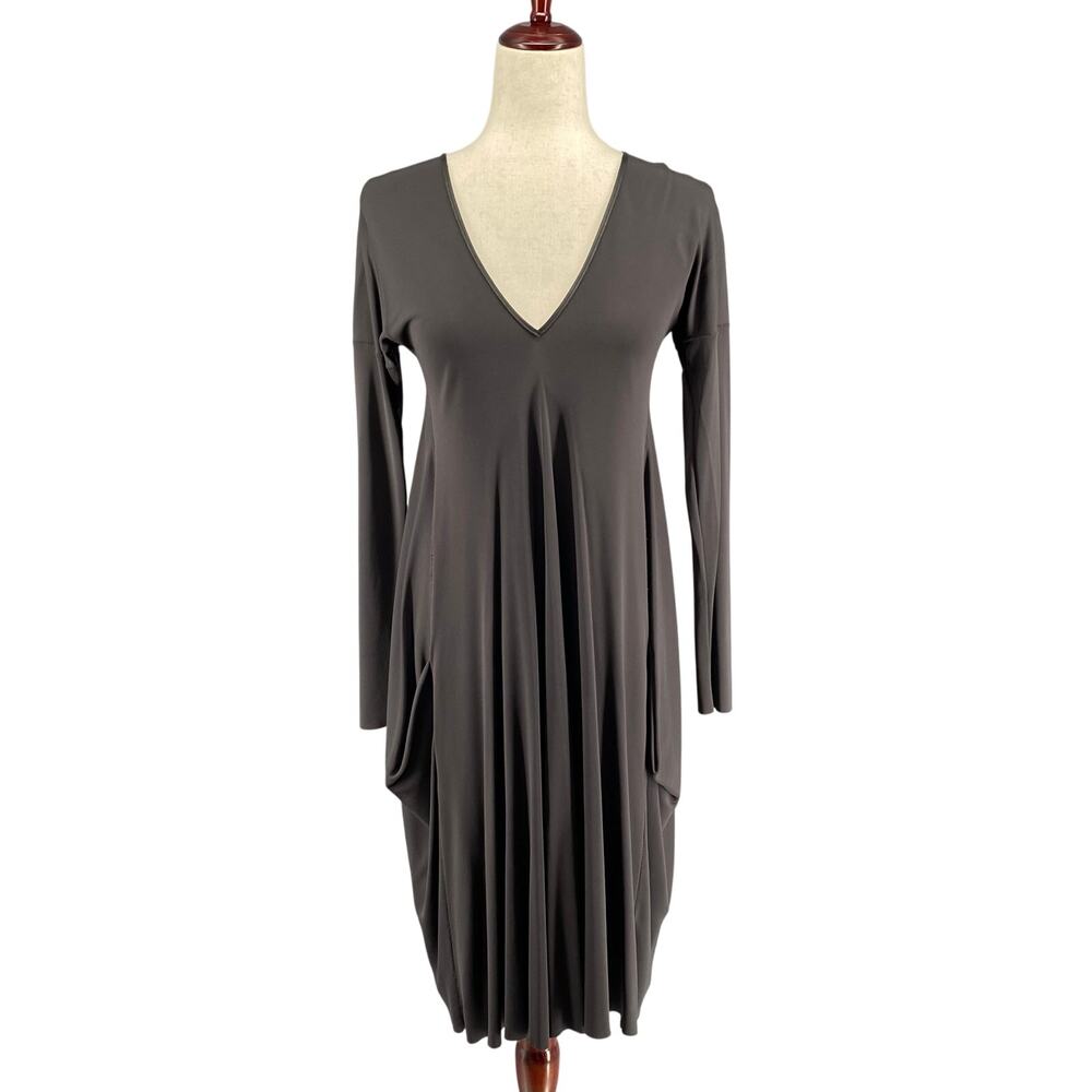 Rozae Nichols Jersey Stretch Drape‎ Lagenlook Artsy V Neck Dress S Witchy Grey